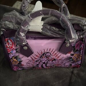 Ed Hardy Purple and Pink Floral Tattoo Satchel Bag